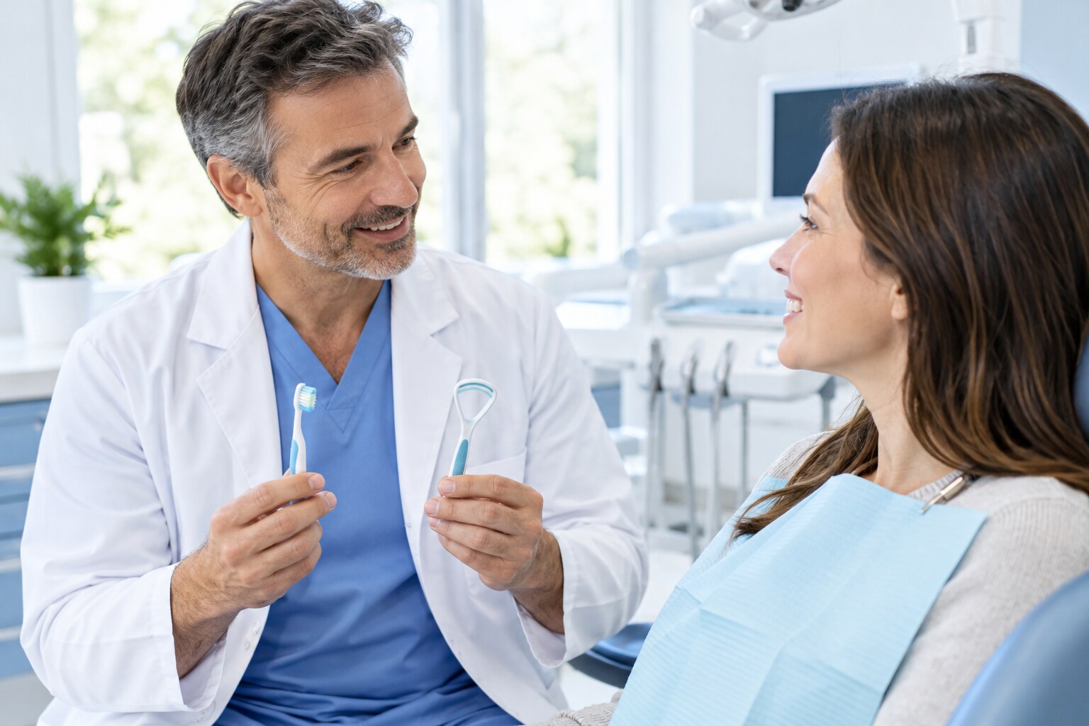 Dr. Tricinella explaining tongue cleaning and fresh breath oral hygiene to a patient at South Tulsa Dental