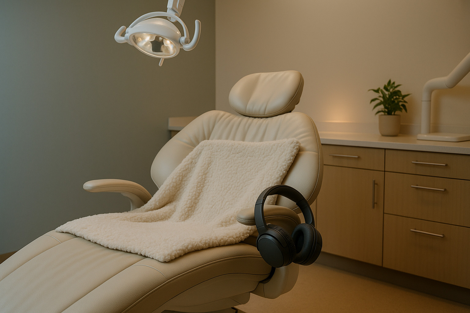 Calm, comfortable dental treatment room with a cozy blanket and headphones designed to ease dental anxiety at South Tulsa Dental