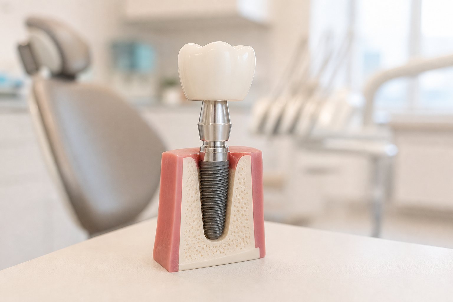 Dental implant model showing titanium post, abutment, and porcelain crown at South Tulsa Dental