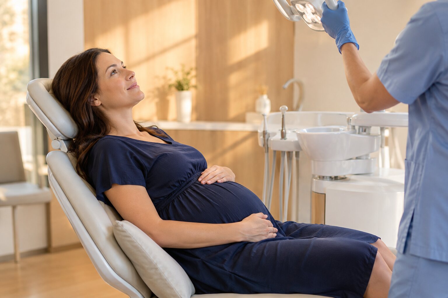 Pregnant patient resting in a semi-upright dental chair with a small pillow at her hip as a dental professional adjusts the overhead light for a comfortable visit