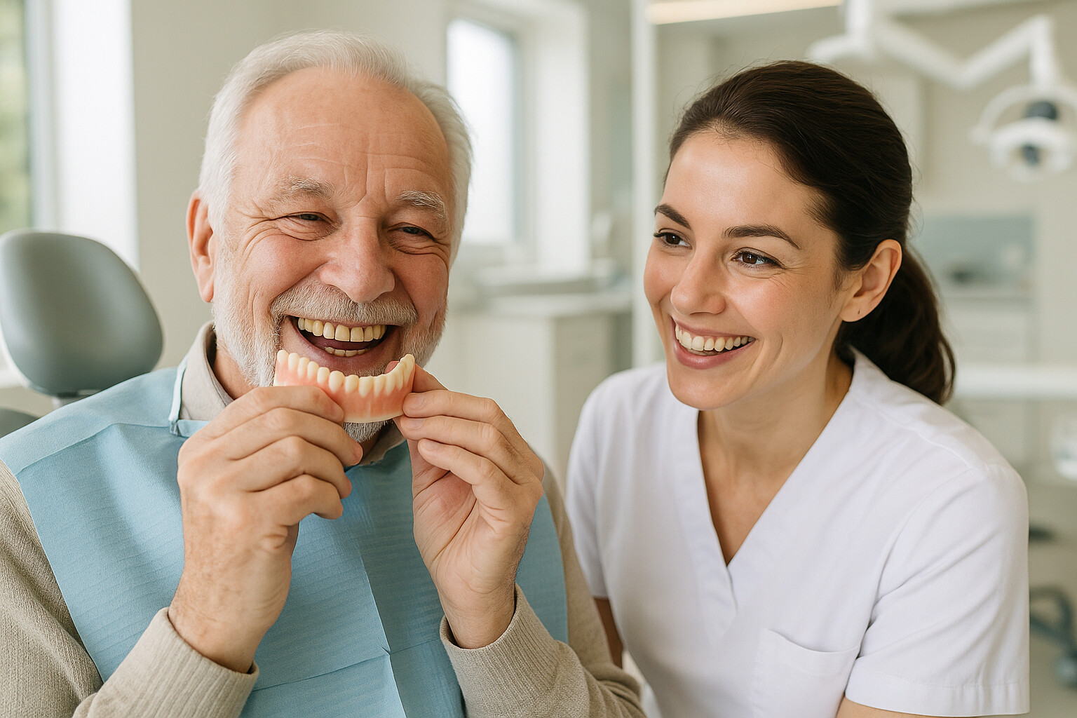 Smiling senior patient holding a new denture while a South Tulsa Dental team member looks on