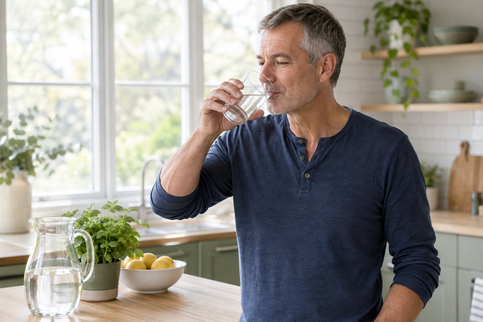 Man sipping a glass of water at a sunlit kitchen counter, a simple habit that helps relieve dry mouth
