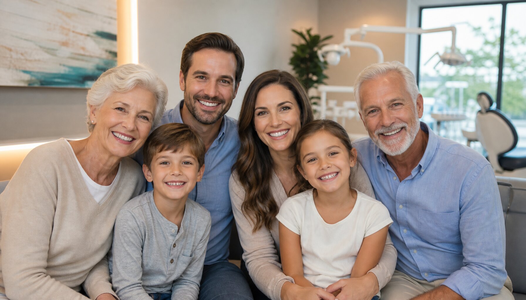 Happy family smiling together at South Tulsa Dental family dentist office in Tulsa Oklahoma