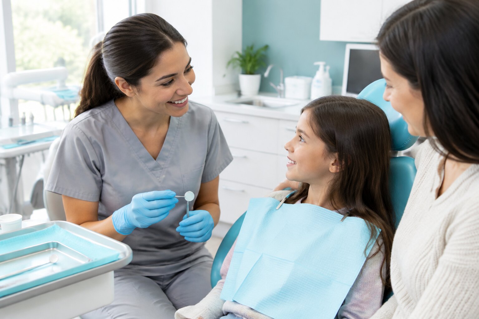 Dental hygienist discussing preventive fluoride care with a child and parent in a dental office