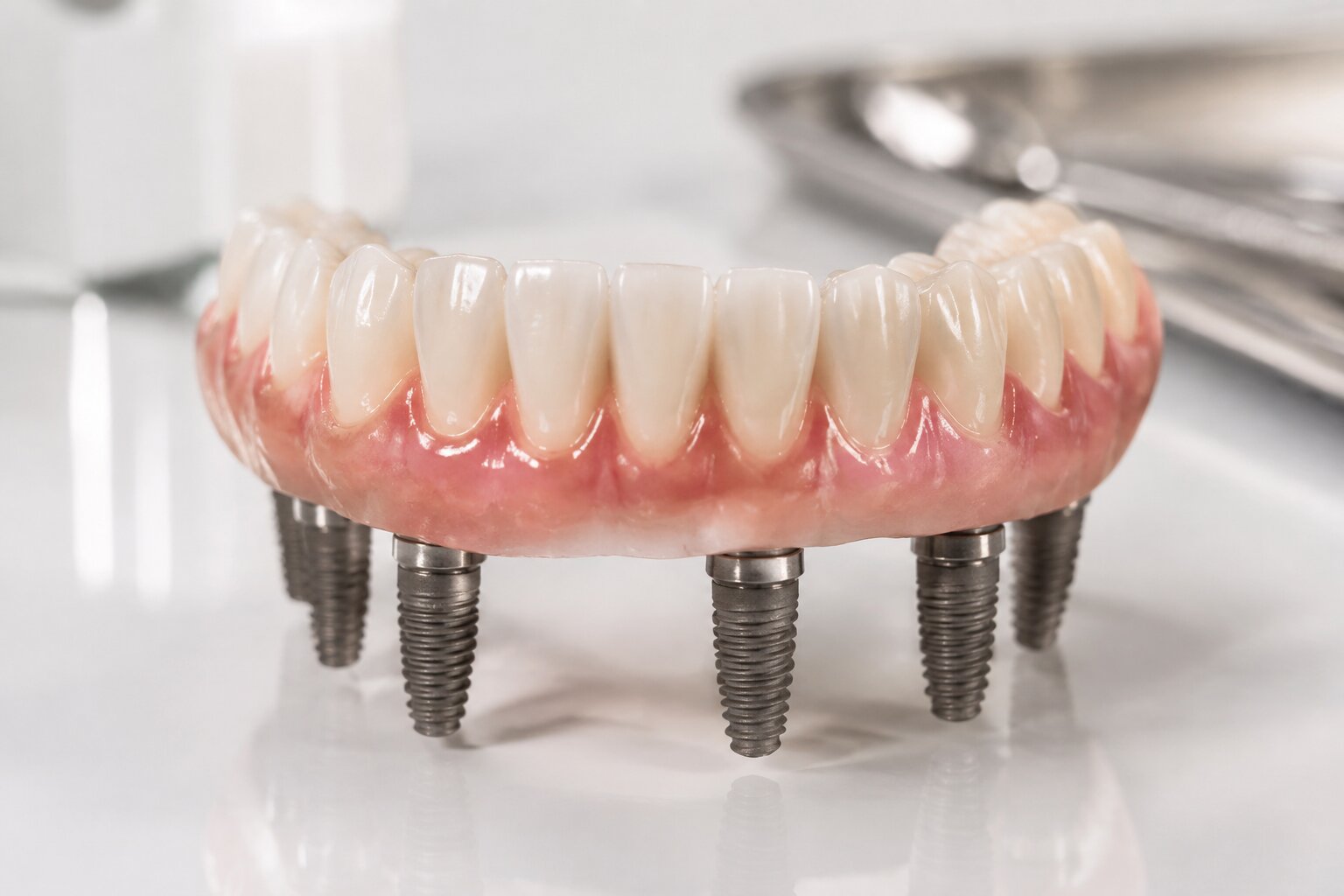 Implant-supported dentures showing titanium dental implants supporting a full denture prosthetic at South Tulsa Dental