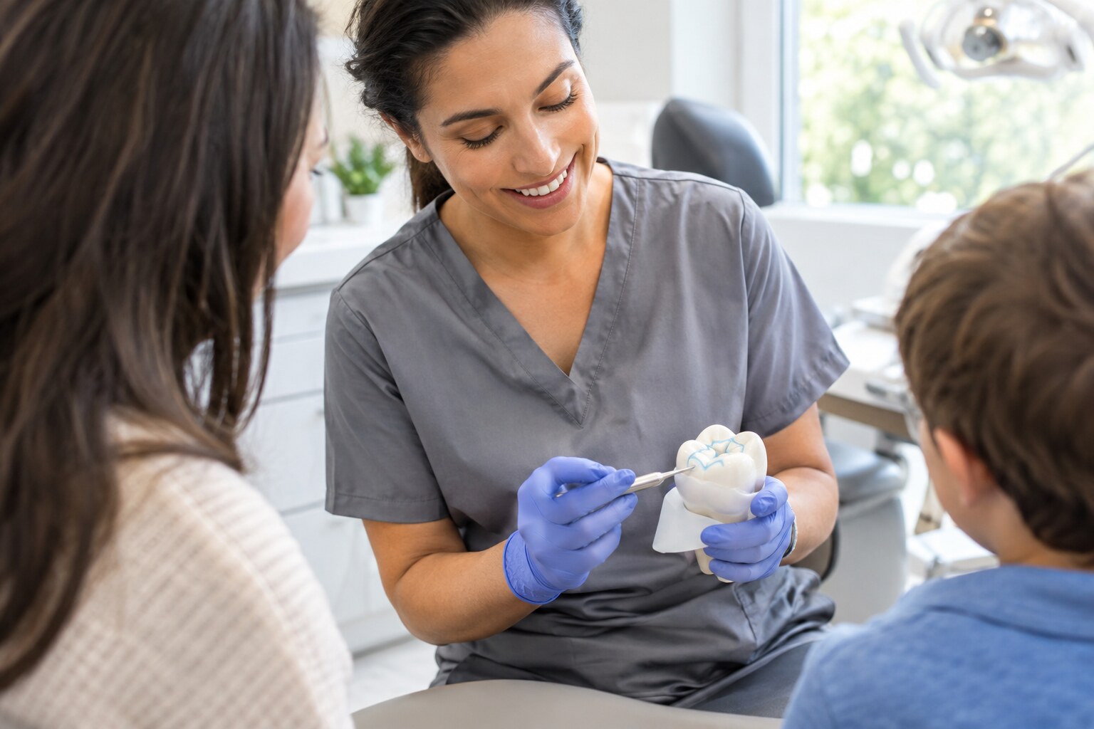 Dentist explaining preventive molar sealants to a Tulsa parent and child