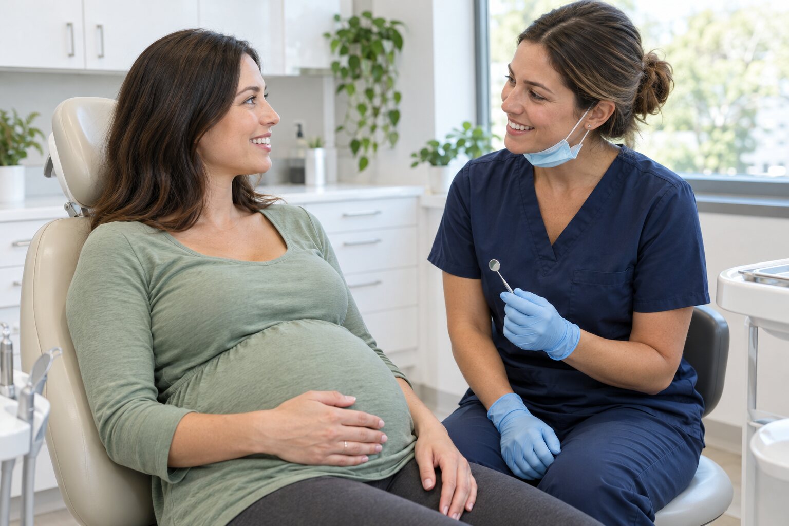Smiling pregnant woman seated in a dental chair with a hand on her belly while a dental hygienist in navy scrubs talks with her about pregnancy gingivitis care