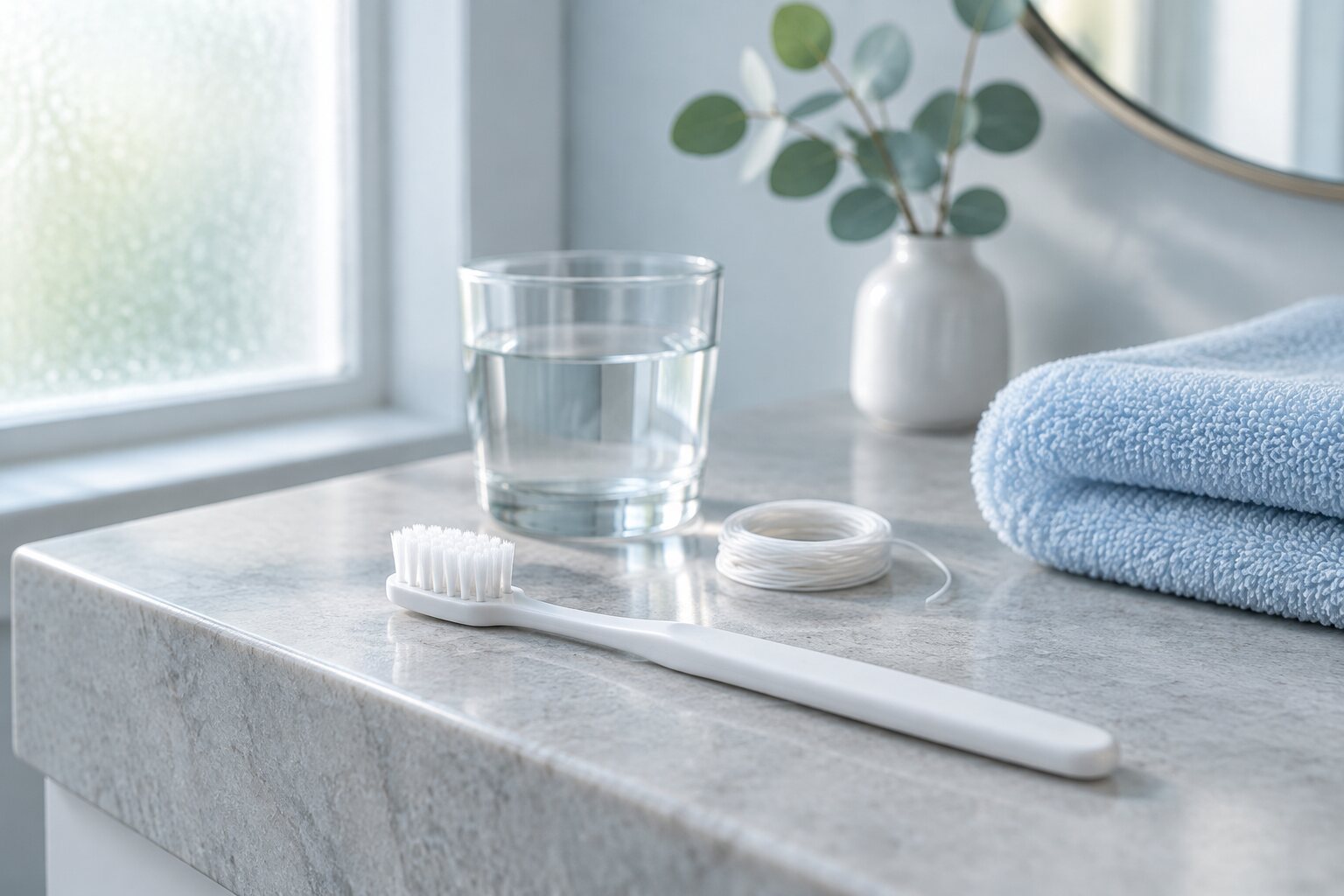 Soft-bristled toothbrush, dental floss, and a glass of water on a bathroom counter, simple tools for the gentle brushing that helps protect receding gums