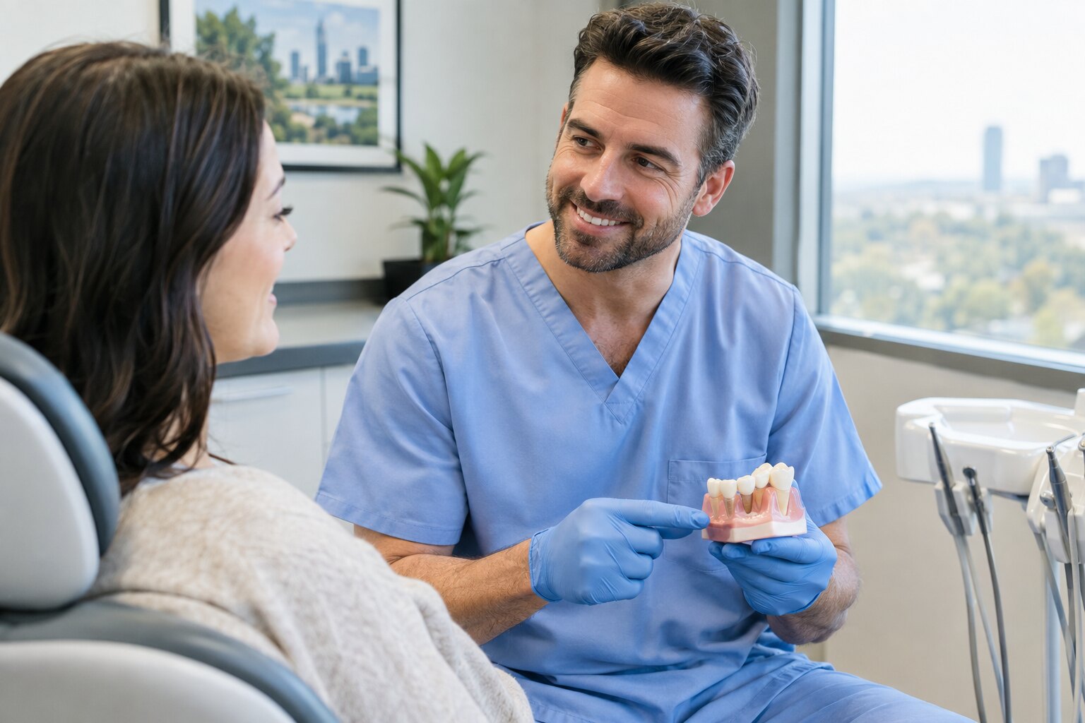 Dentist discussing a natural-looking crown and bridge restoration with a patient in a welcoming dental office