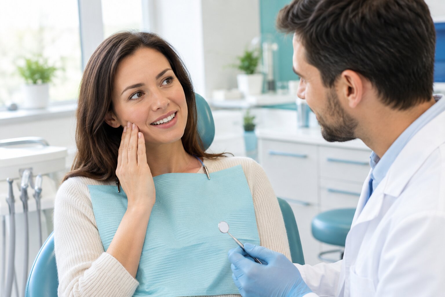 Patient describing tooth sensitivity to a dentist during a sensitive teeth treatment consultation in Tulsa