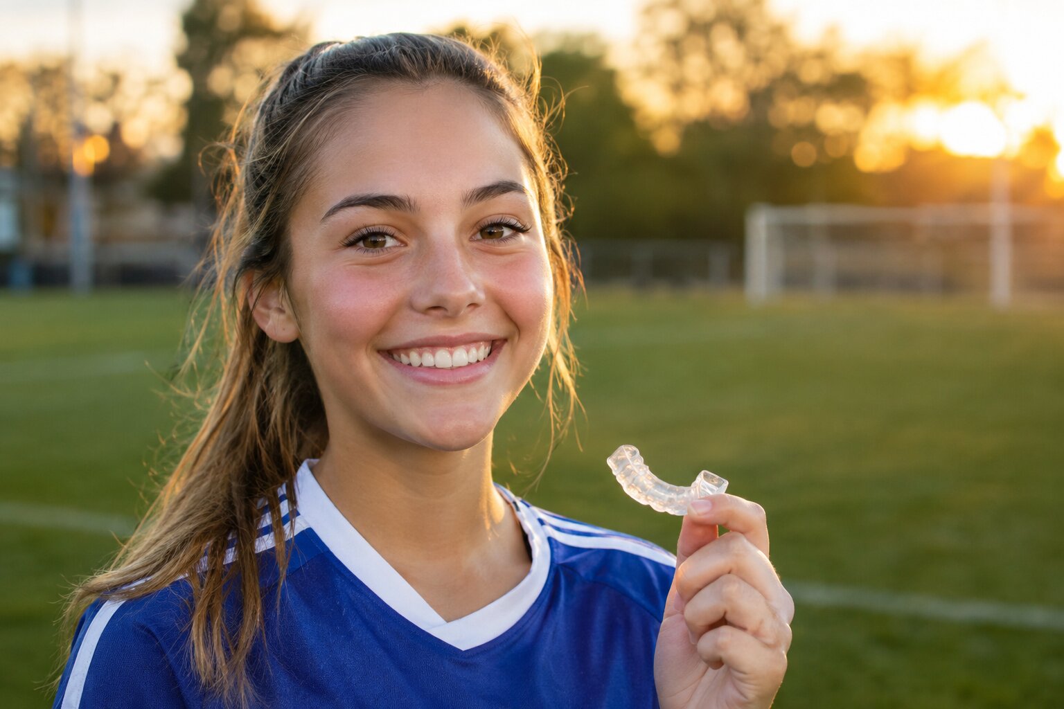 Smiling teen soccer player in Tulsa holding a clear custom sports mouthguard on a grass field at sunset