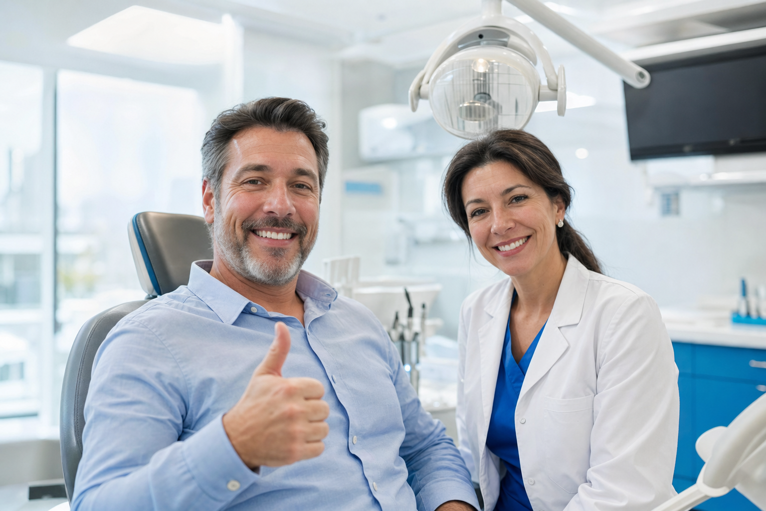 Satisfied patient giving thumbs up after dental crown procedure in Tulsa