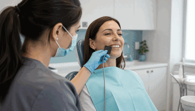 Patient receiving a digital dental X-ray at South Tulsa Dental