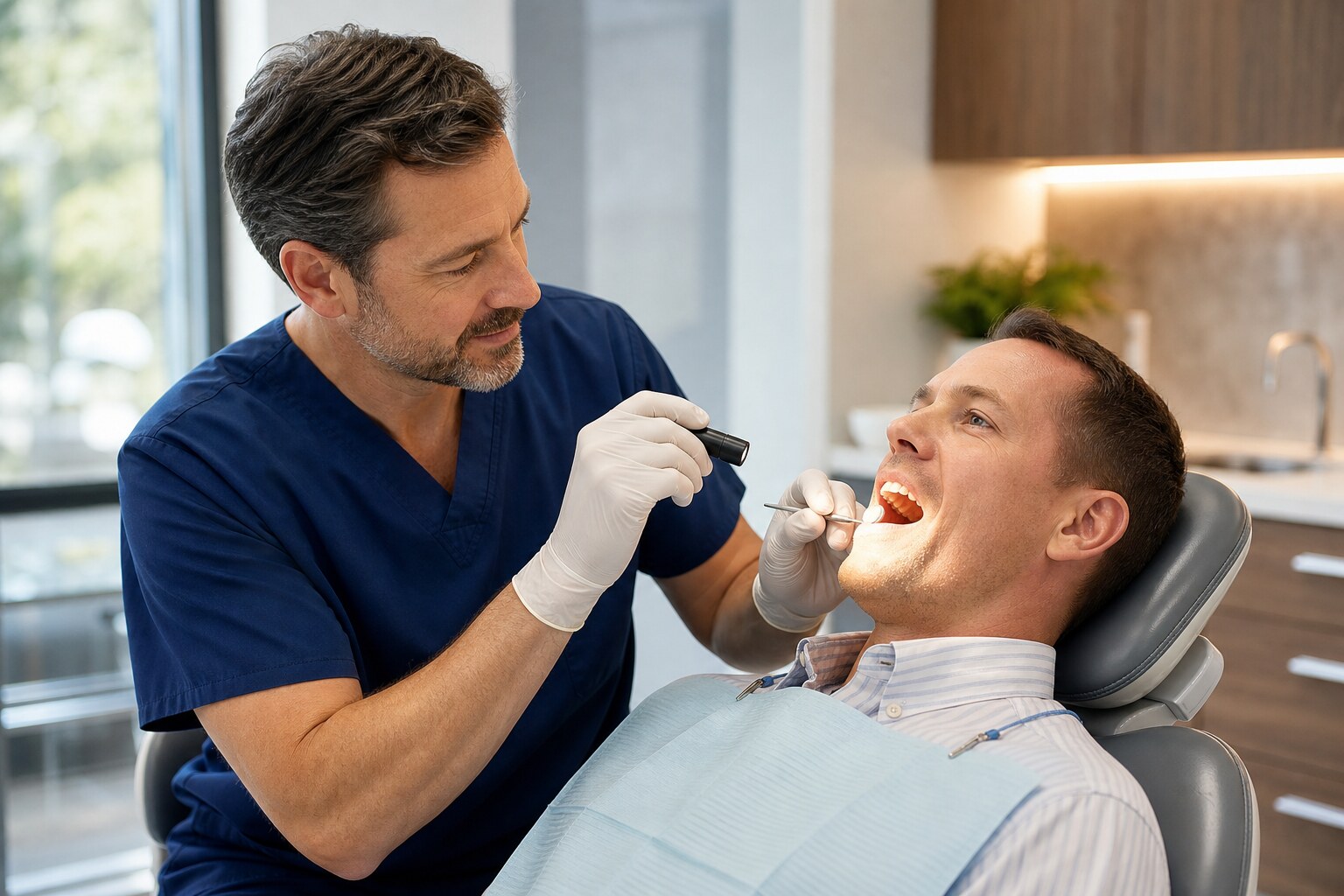 Dentist performing a gentle oral cancer screening for a patient in a modern South Tulsa dental office