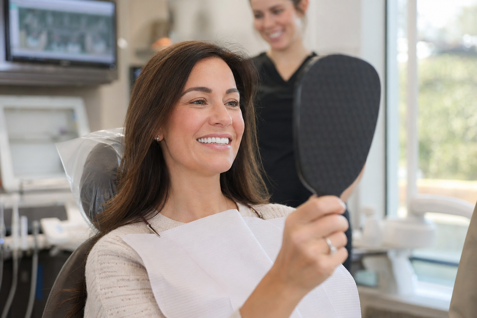 Happy patient admiring her smile makeover results in a Tulsa dental office