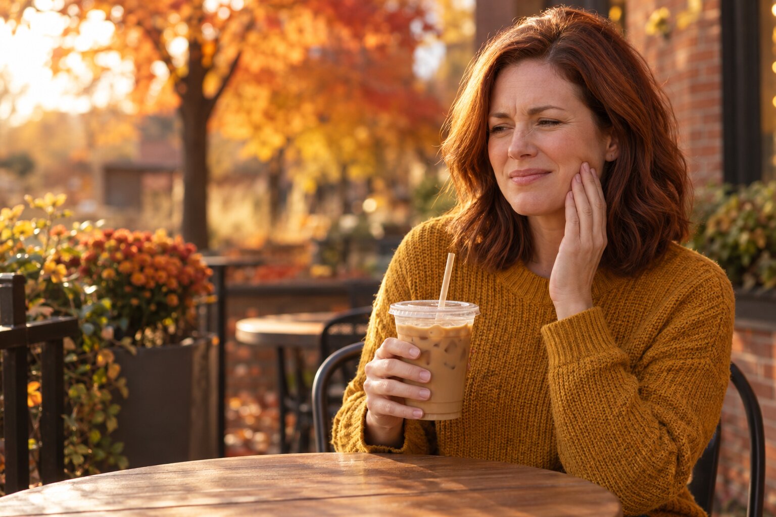 Woman at an outdoor cafe in autumn touching her cheek after a sip of iced coffee, a common moment of tooth sensitivity after a filling