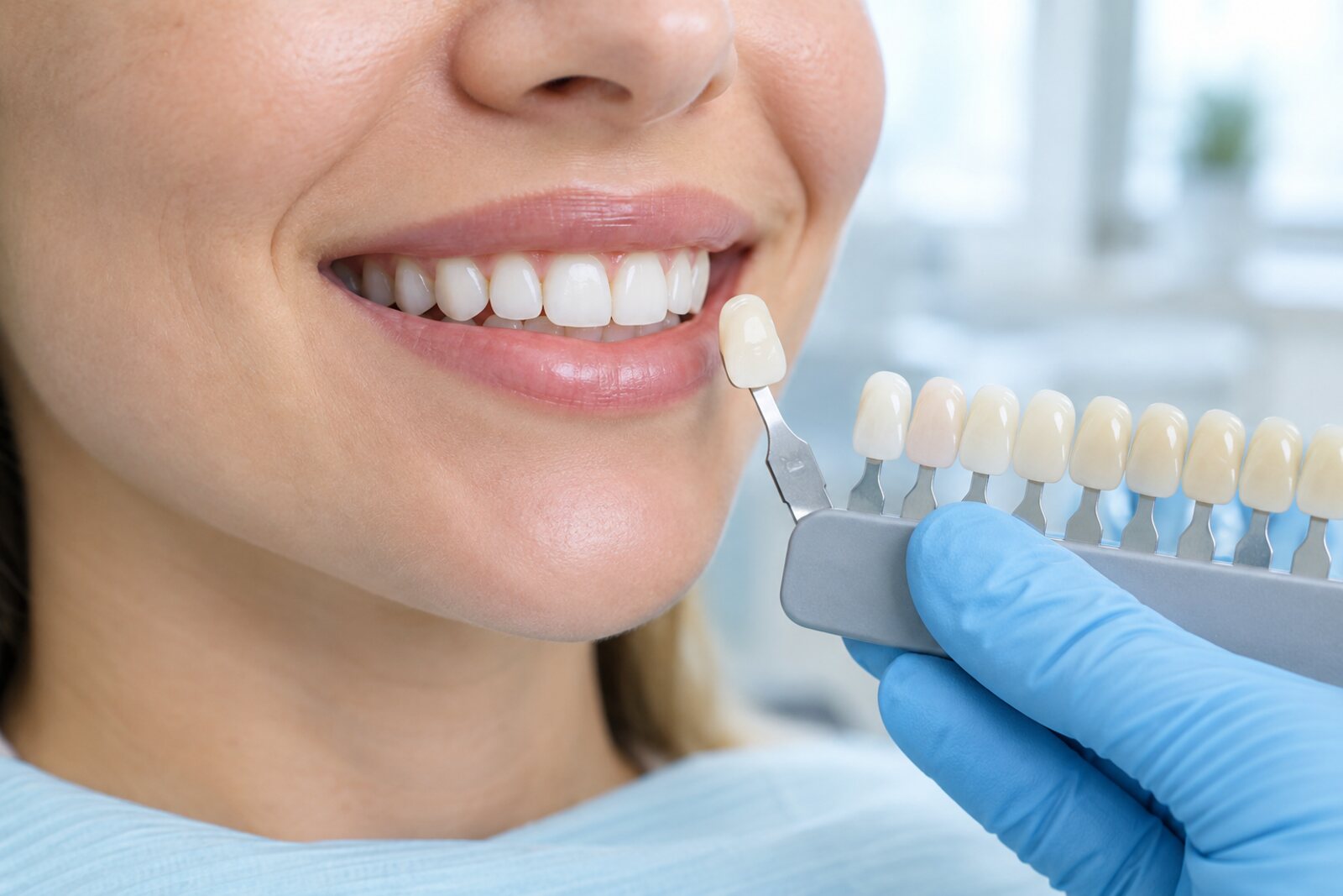 Dentist holding a porcelain tooth shade guide beside a patient's smile to compare enamel color during an exam for white spots on teeth